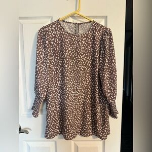 Women's Brown Dot Print Long Sleeve Blouse- L